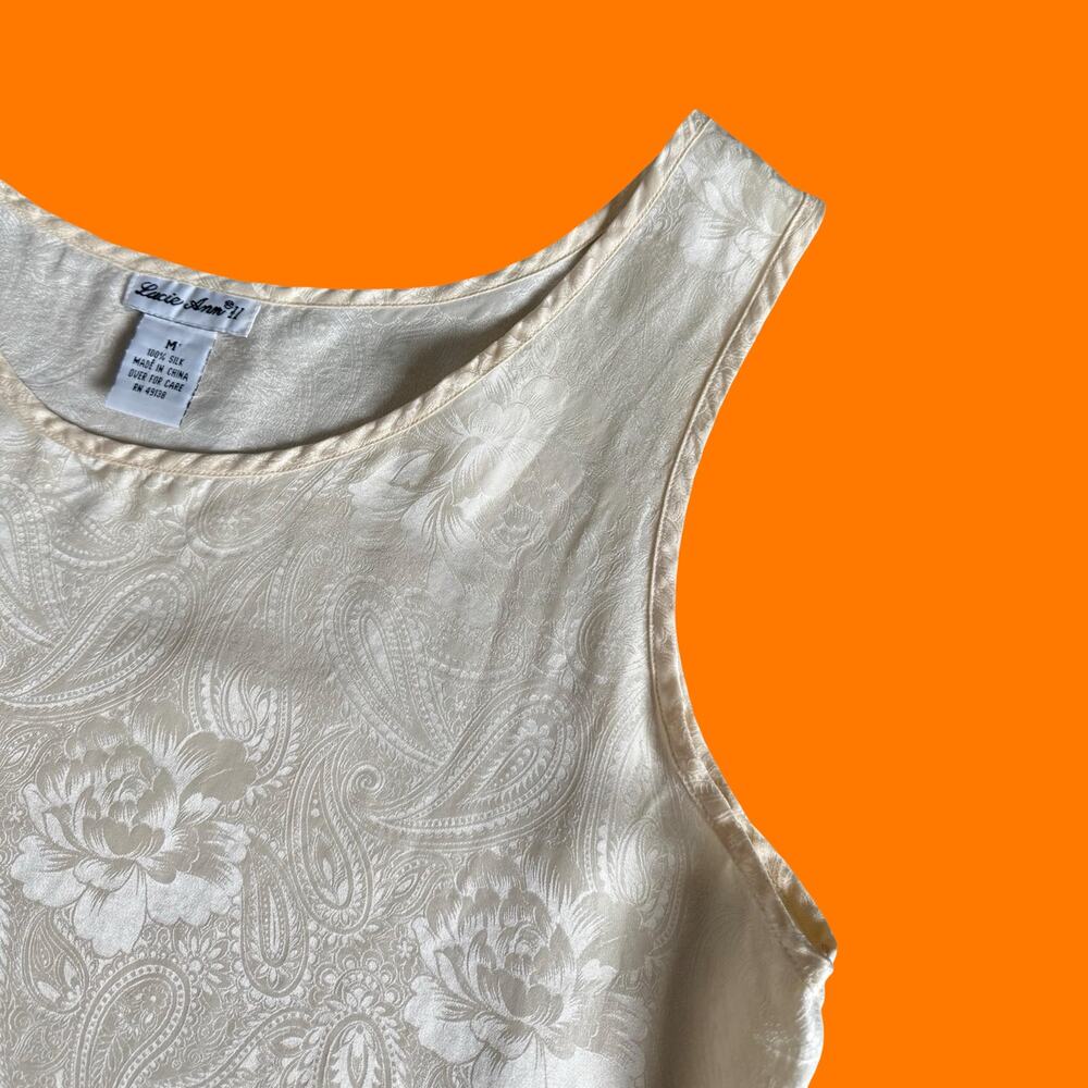 90's vintage ivory cream 100% silk jacquard camisole tank top M Lucie ann II - Picture 3 of 6